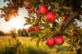 Red apple on apple tree branch at sunset, golden hour