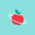 Red apple as planet on blue background. flat Earth planet model. Science symbol Royalty Free Stock Photo