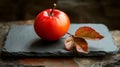 Red Apple and Autumn Leaf on Dark Slate Royalty Free Stock Photo