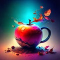 Red apple and autumn leaves on a blue background. 3d illustration AI generated Royalty Free Stock Photo