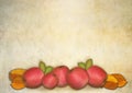 Red apple and autumnleaves on a textured background with copyspace for your text Royalty Free Stock Photo