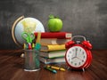 Red apple, books, pencil holder, model globe and alarm clock on green blackboard. 3D illustration Royalty Free Stock Photo