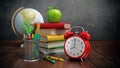 Red apple, books, pencil holder, model globe and alarm clock on green blackboard. 3D illustration