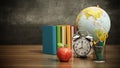 Red apple, books, pencil holder, model globe and alarm clock on green board. 3D illustration Royalty Free Stock Photo