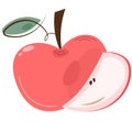 Red apple with a carved leaf. Side view. Ripe fruits and a round apple slice with seeds. Vector flat design isolated on