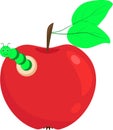 Red apple with a caterpillar. Vector caterpillar eats an apple. Apple with a worm. Royalty Free Stock Photo