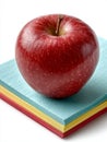 Red apple on colorful paper stack with white background. Royalty Free Stock Photo