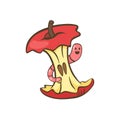 Red apple core with worm cartoon isolated vector. Apple stump with worm vector illustration. Royalty Free Stock Photo