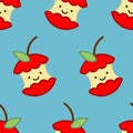 Red apple core cute cartoon pattern. rest of fruit on background