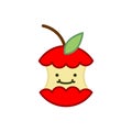 Red apple core cute cartoon. rest of fruit on white background.