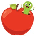Red Apple And Cute Worm Cartoon