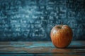 Red apple on desk with math formulas on blackboard in background Royalty Free Stock Photo