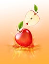 Red apple drop on juice splash and ripple, Realistic Fruit and yogurt, transparent, vector illustration Royalty Free Stock Photo