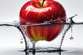 red apple with droplets of apple cider vinegar splashing around it, centered on a pristine white background