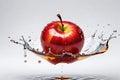 red apple with droplets of apple cider vinegar splashing around it, centered on a pristine white background