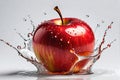 red apple with droplets of apple cider vinegar splashing around it, centered on a pristine white background