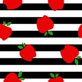 Red apple flat vector illustration with black stripes background seamless pattern Royalty Free Stock Photo