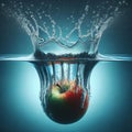 red apple forming a crown of water when falling from above into a source of crystalline and pure water.