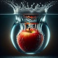 red apple forming a crown of water when falling from above into a source of crystalline and pure water.