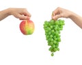 Red apple and green grape in hands, mix fruits isolated on a white background photo Royalty Free Stock Photo