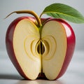 A red apple with a green leaf cut in half, revealing its juicy interior. close-up view Royalty Free Stock Photo