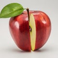 A red apple with a green leaf cut in half, revealing its juicy interior. close-up view Royalty Free Stock Photo