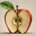 A red apple with a green leaf cut in half, revealing its juicy interior. close-up view Royalty Free Stock Photo