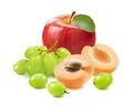 Red apple with green leaf, grapes and apricots isolated on white background Royalty Free Stock Photo