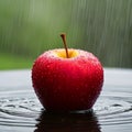 Red apple with green leaf on wet surface in rain. Shallow DOF Royalty Free Stock Photo