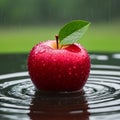 Red apple with green leaf on wet surface in rain. Shallow DOF Royalty Free Stock Photo