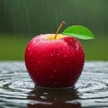 Red apple with green leaf on wet surface in rain. Shallow DOF Royalty Free Stock Photo