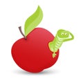 Red apple with green leaves and cartoon worm, isolated on white background Royalty Free Stock Photo