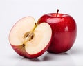 Red apple halves and red apple fruit high detail on white background.