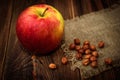 Red apple hazelnut on dark wooden background