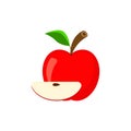 Red whole apple and quarter apple with a seed inside. Apple icon with a slice, branch and leaf. Vector illustration. Royalty Free Stock Photo