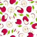 Red apple with leaf seamless pattern. Fruit background with Whole, bitten, cut, core aplle. Flat vector illustration