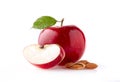 Red apple with leavf and almonds on white background Royalty Free Stock Photo