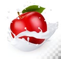 Red apple in a milk splash on a transparent background.