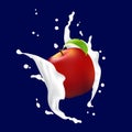 Red Apple In A Milk Yogurt Splash. Apple Falling Into The Cream