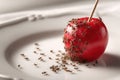 Red apple on a plate covered with small ants at a kitchen table during daylight Royalty Free Stock Photo