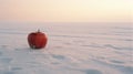 Lonely Apple In Snow: A Captivating Image Of Bold Chromaticity