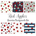 Red apple, seamless backgrounds set, six tiles of backgrounds collection, polka dot, stripes, floral, outined, mixed. Royalty Free Stock Photo