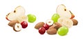 Red apple, sliced banana, green grapes, cranberry, almond and hazelnut nuts isolated on white background Royalty Free Stock Photo