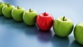 Red apple standing out from green apples. 3D illustration Royalty Free Stock Photo