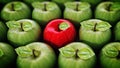 Red apple standing out from green apples. 3D illustration Royalty Free Stock Photo