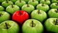 Red apple standing out from green apples. 3D illustration Royalty Free Stock Photo