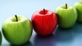 Red apple standing out from green apples. 3D illustration Royalty Free Stock Photo