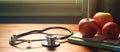 Red apple and stethoscope listening part on the surface. white medical dressing gown. Royalty Free Stock Photo