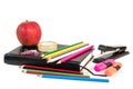 Back to school concept with colorful stationery over white background.