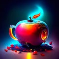 Red apple and teapot on black background. 3d illustration generative AI